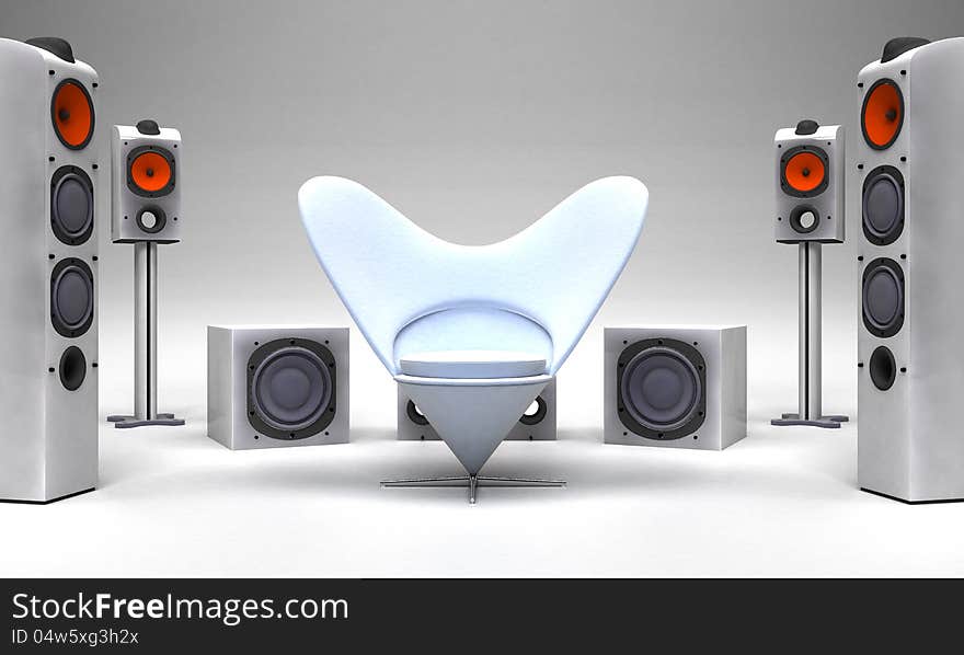 3d scene with sound speakers and white chair. 3d scene with sound speakers and white chair