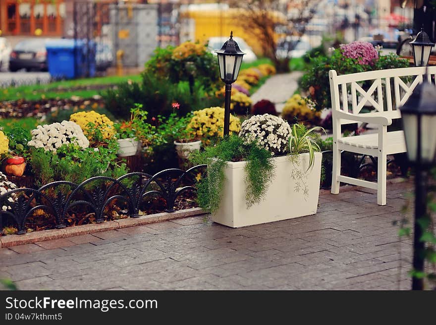 Autumn view of the yard with flower beds and with beautiful lanterns. Autumn view of the yard with flower beds and with beautiful lanterns