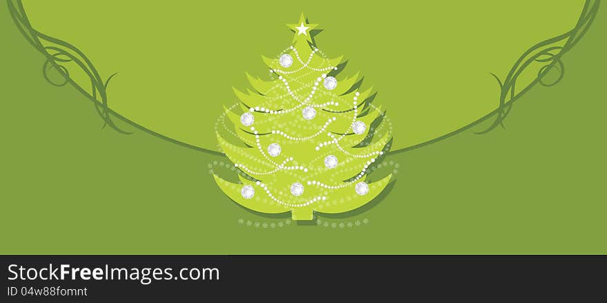 Shining Christmas fir tree on the green background. Border. Illustration