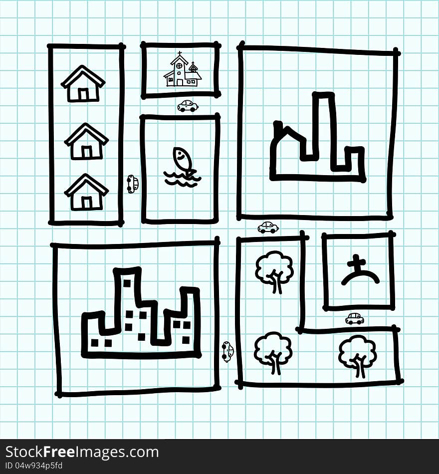 Hand draw city map , zoning .Illustration. Hand draw city map , zoning .Illustration