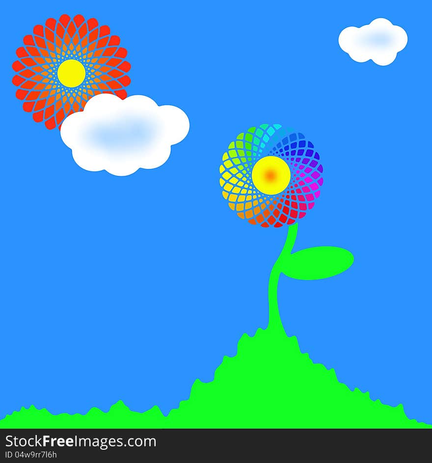 Rainbow sunflower full of colors on blue sky with sun. Rainbow sunflower full of colors on blue sky with sun