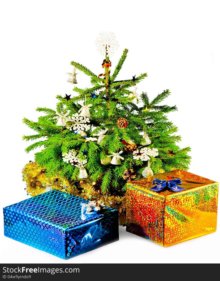 Christmas tree with gifts on a white background