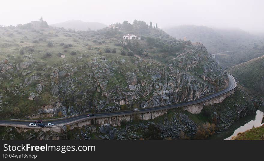 Landmark in Toledo, Spain, on a misty morning