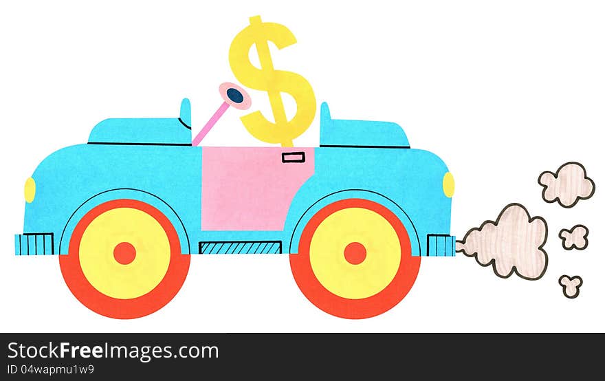 A handmade cartoon illustration of a dollar sign driving a car. A handmade cartoon illustration of a dollar sign driving a car