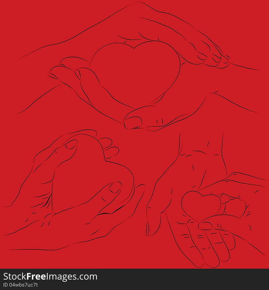 Vector set of human hands with a heart