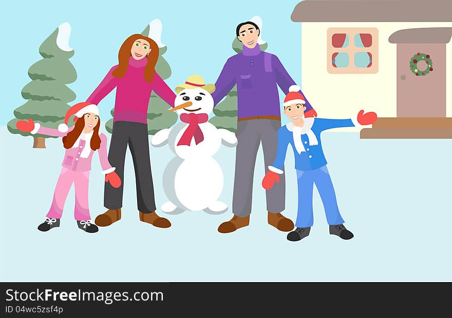 Illustration of young bright family and snowman against the wood and the house. Father, mother, daughter and son.