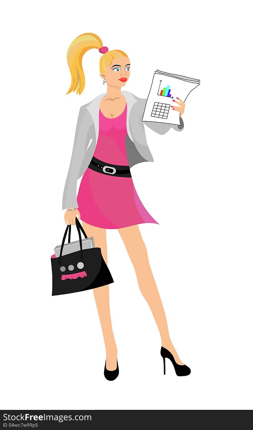 Illustration beautiful business girl. The blondie with blue eyes in the pink. The woman in a jacket with a bag and papers.