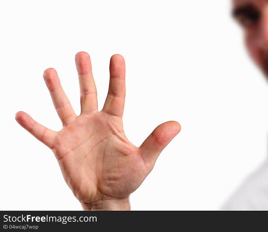 Male hand gesture number five closeup isolated on a white background. Male hand gesture number five closeup isolated on a white background