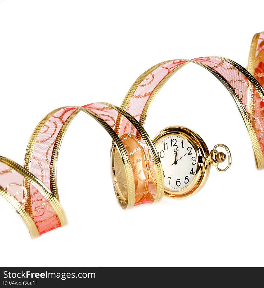 Gold watch and delicate red ribbon