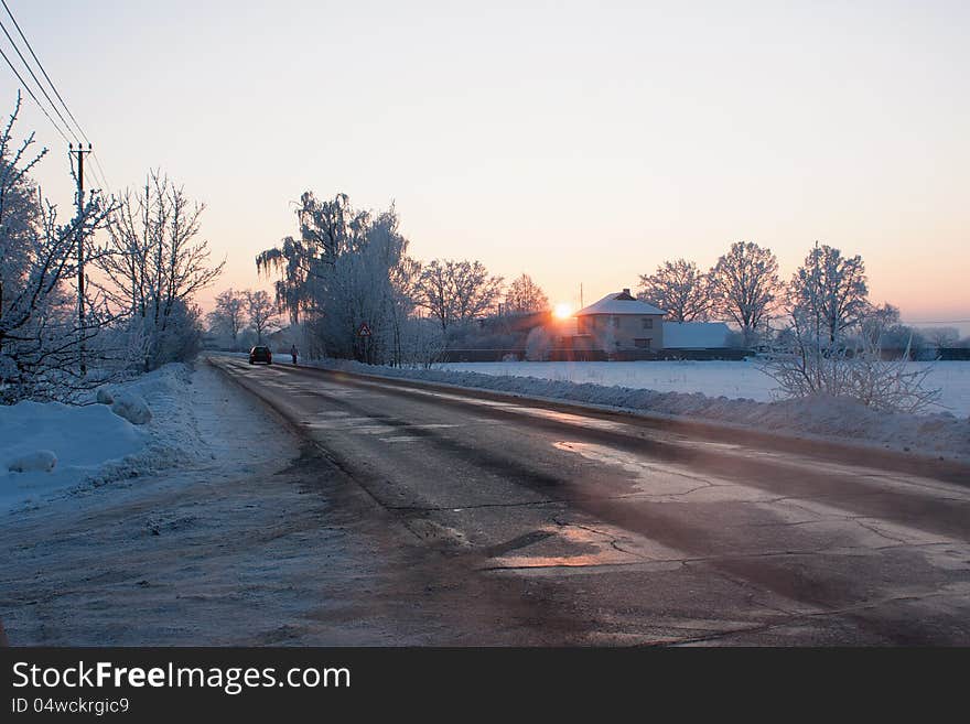 The snow road on rising. The snow road on rising