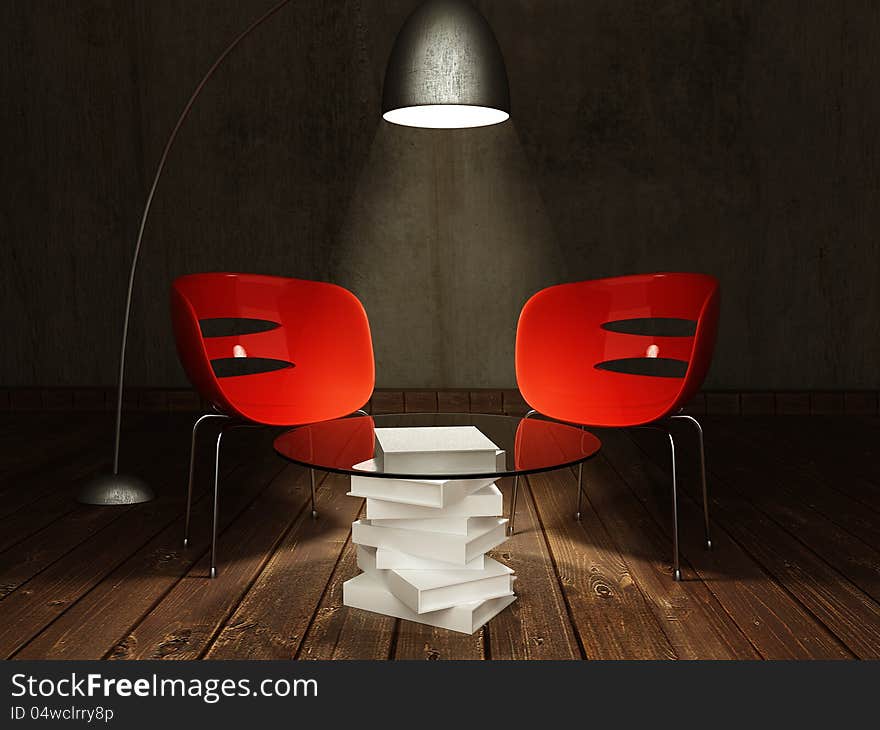 Red chairs with coffee table, a lamp.3d rendering.