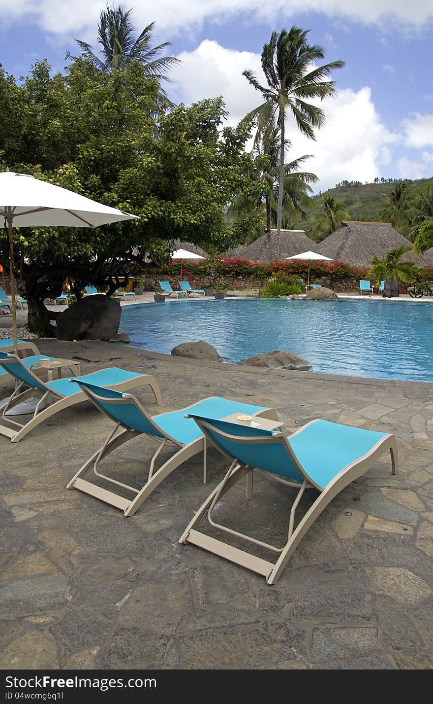 Resort swimming pool with chairs and palm trees