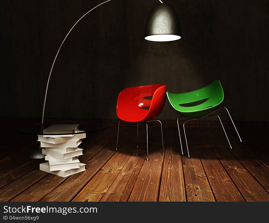 Red and green chair by the coffee table, and lamp from the metal.3d rendering