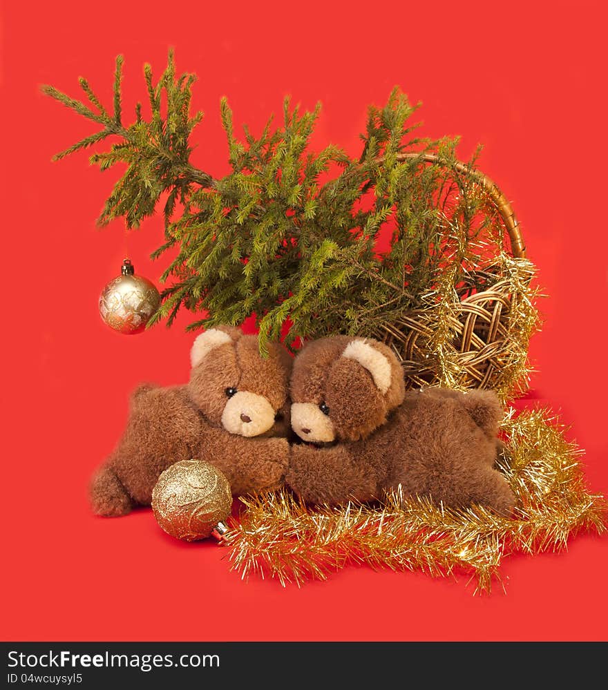 Teddy bears are under the Christmas tree. Teddy bears are under the Christmas tree