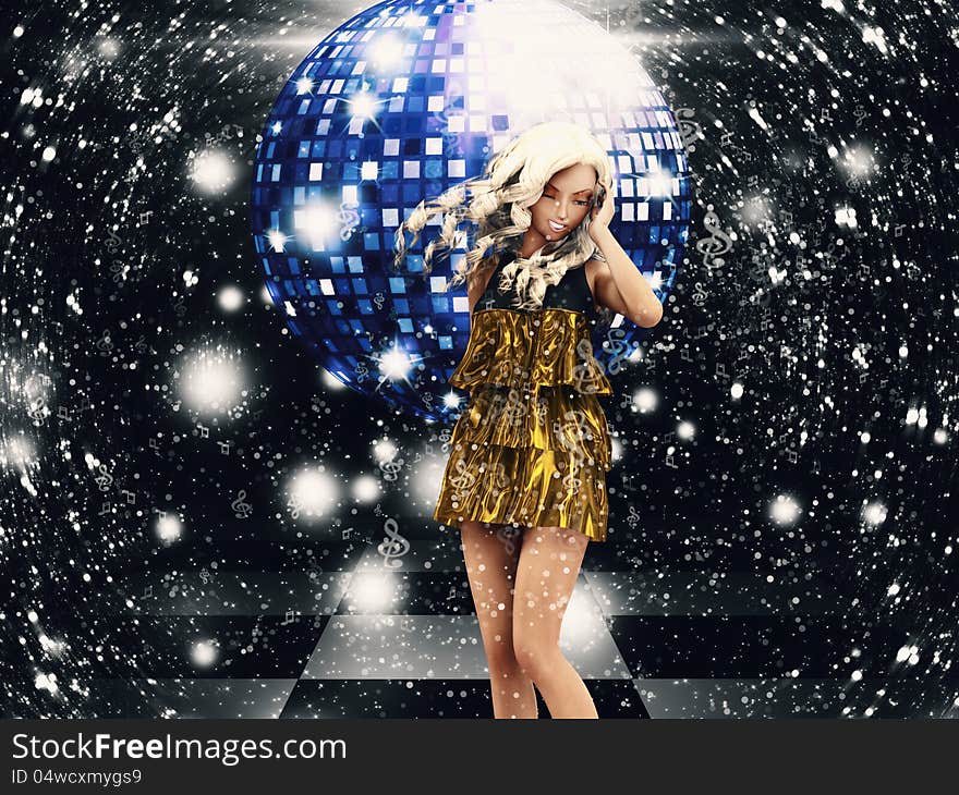 Girl in golden dress on disco