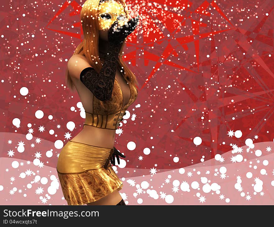 Girl in golden mask blowing snow