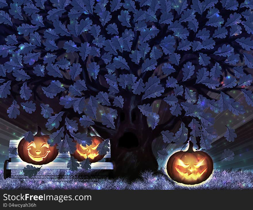 Illustration of fantasy oak tree at Halloween night with pumpkins. Illustration of fantasy oak tree at Halloween night with pumpkins.