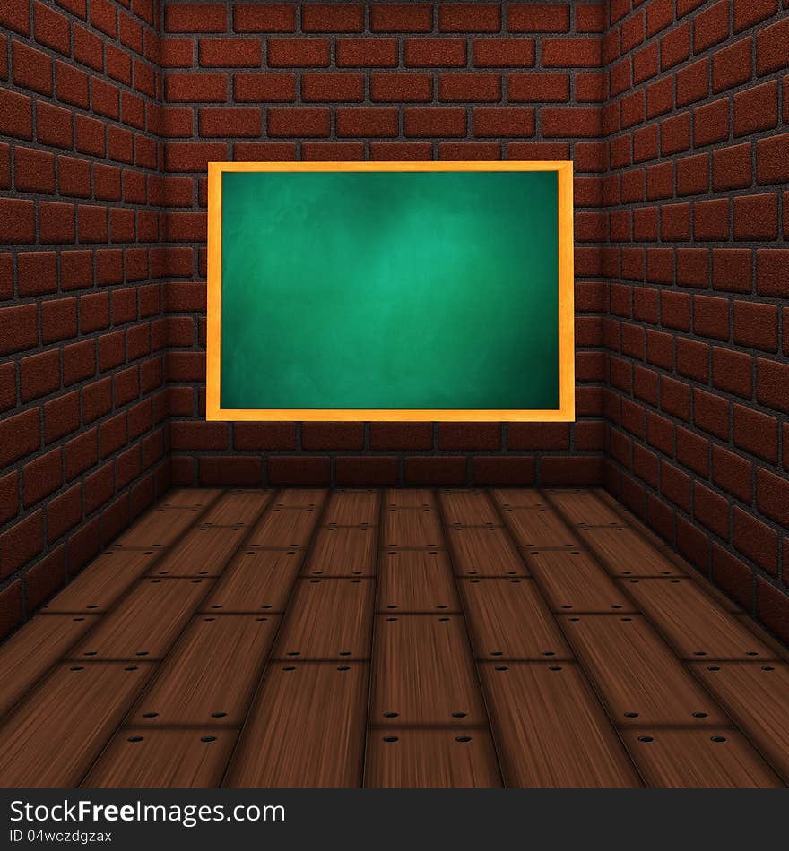 Illustration blank chalkboard of green color hang on brick wall in room style. Illustration blank chalkboard of green color hang on brick wall in room style