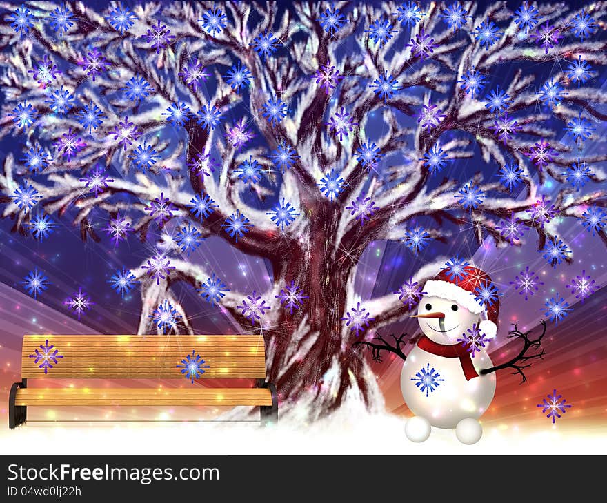 Illustration of big snowy tree with bench and snowman. Illustration of big snowy tree with bench and snowman.