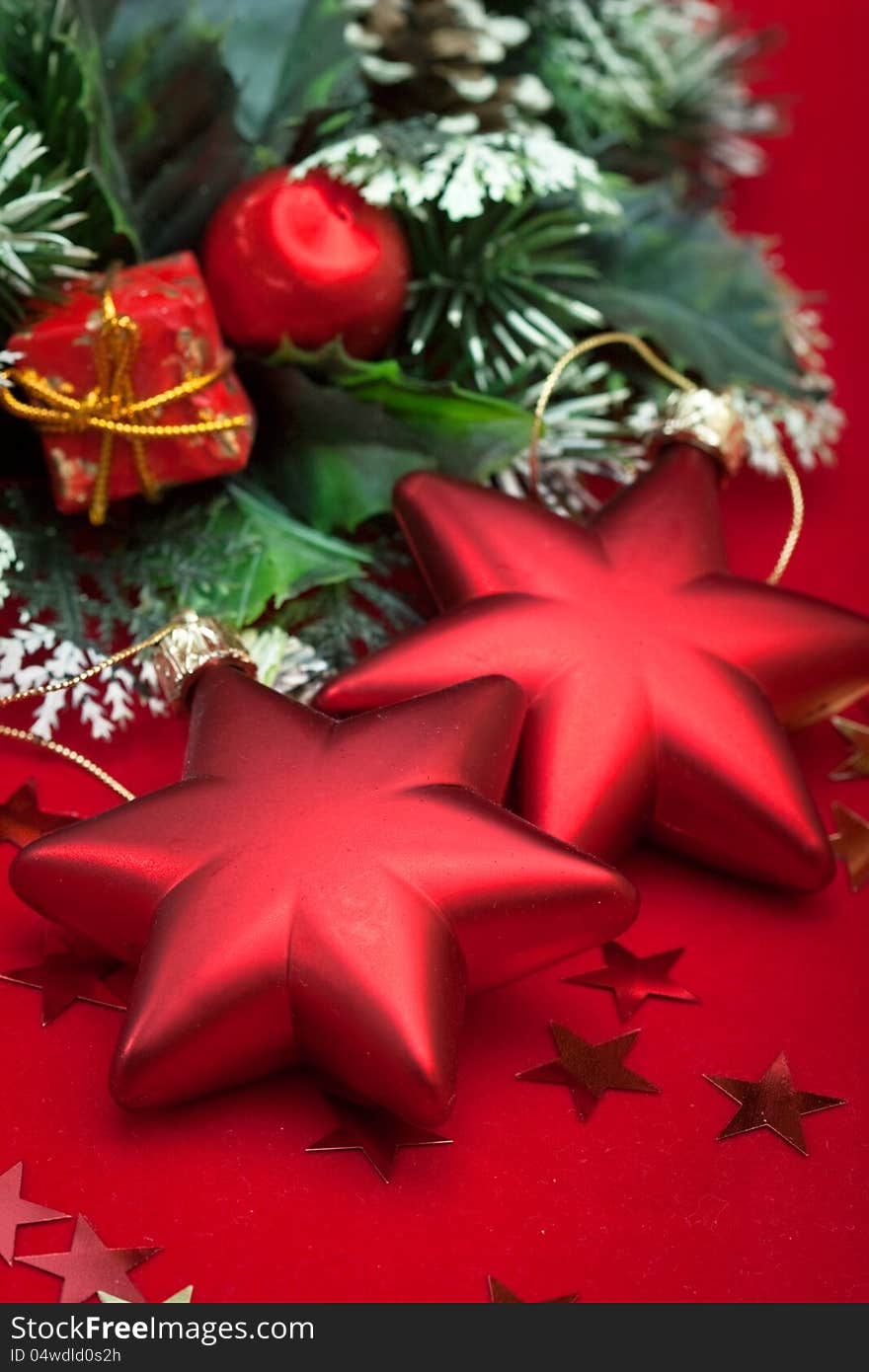 Closeup of christmas decoration on red background