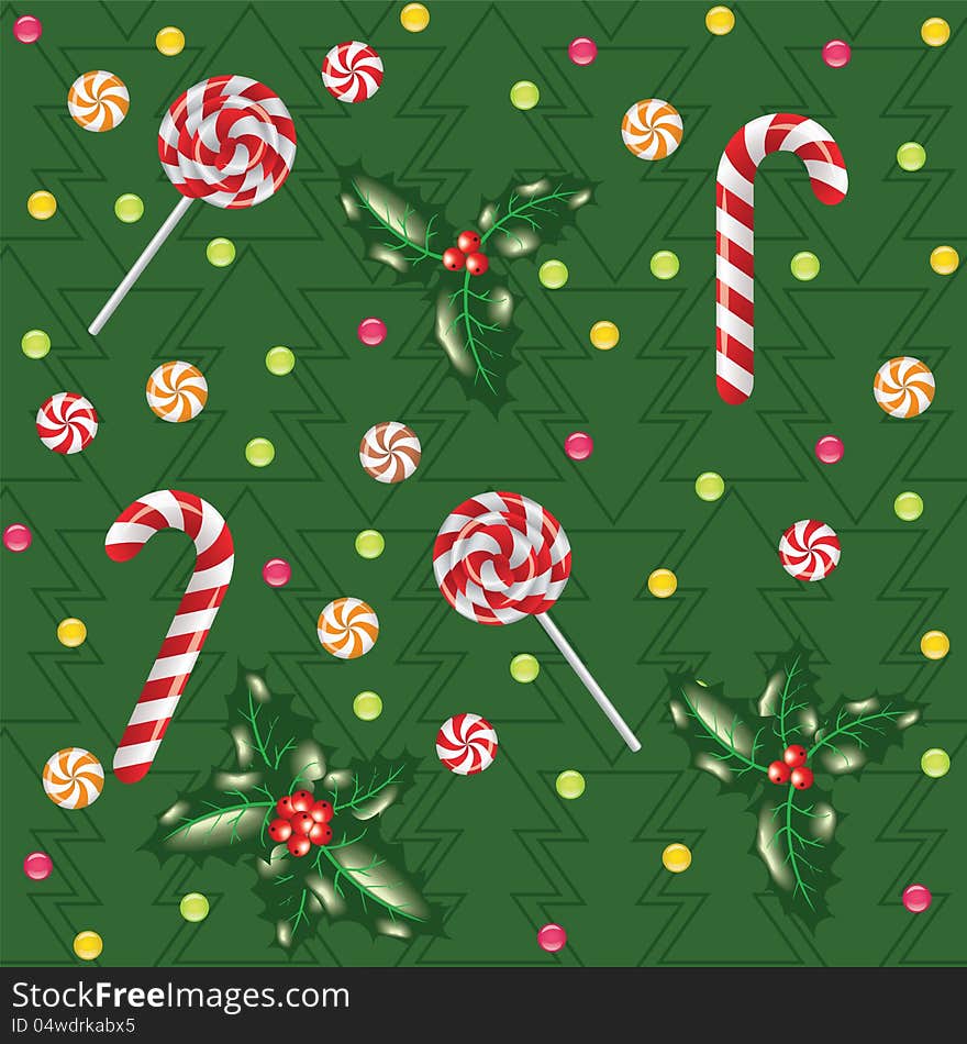 Seamless christmas background with candies, lollipops and holly berry with tree pattern