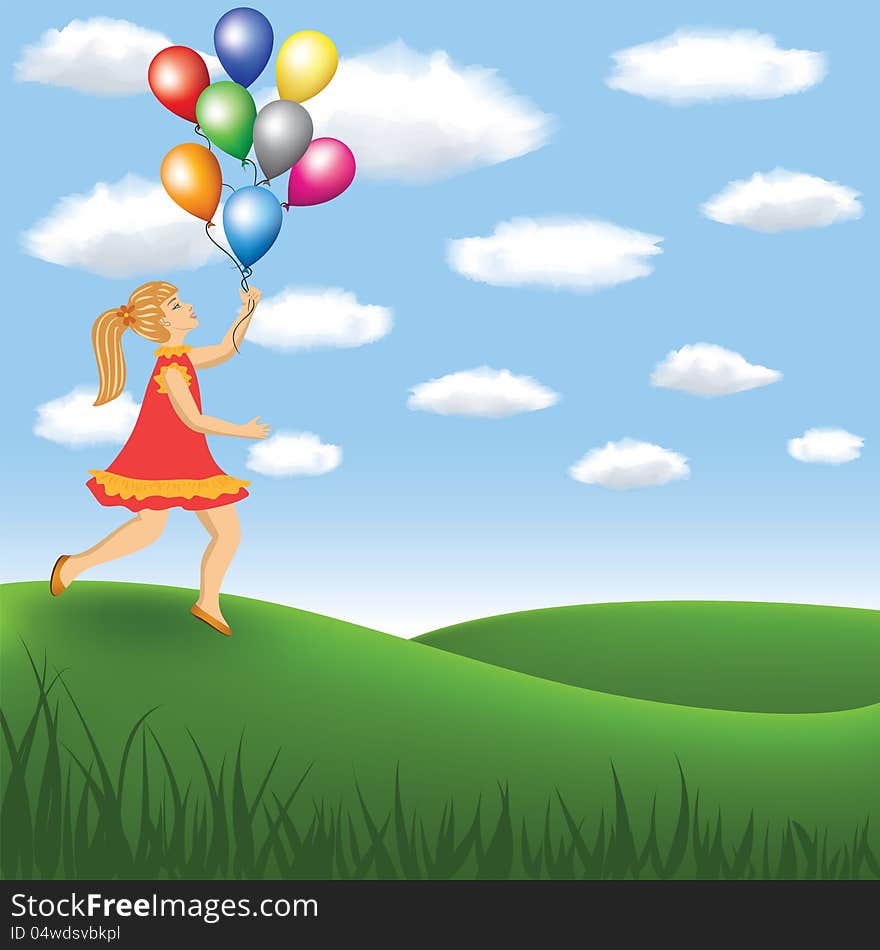 Girl With Balloon On The Meadow