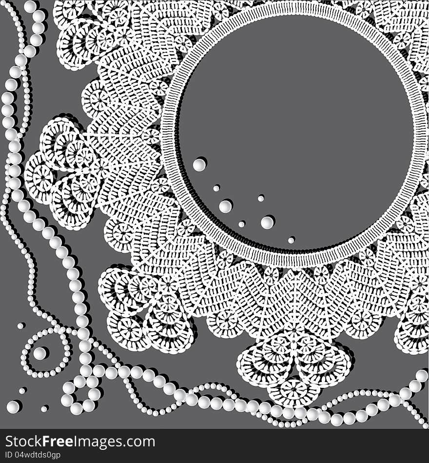 Vintage crochet doily with pearl necklace on grunge background