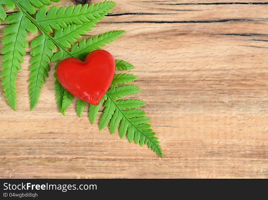 Red heart on wood,with green leaf,  spice for your text