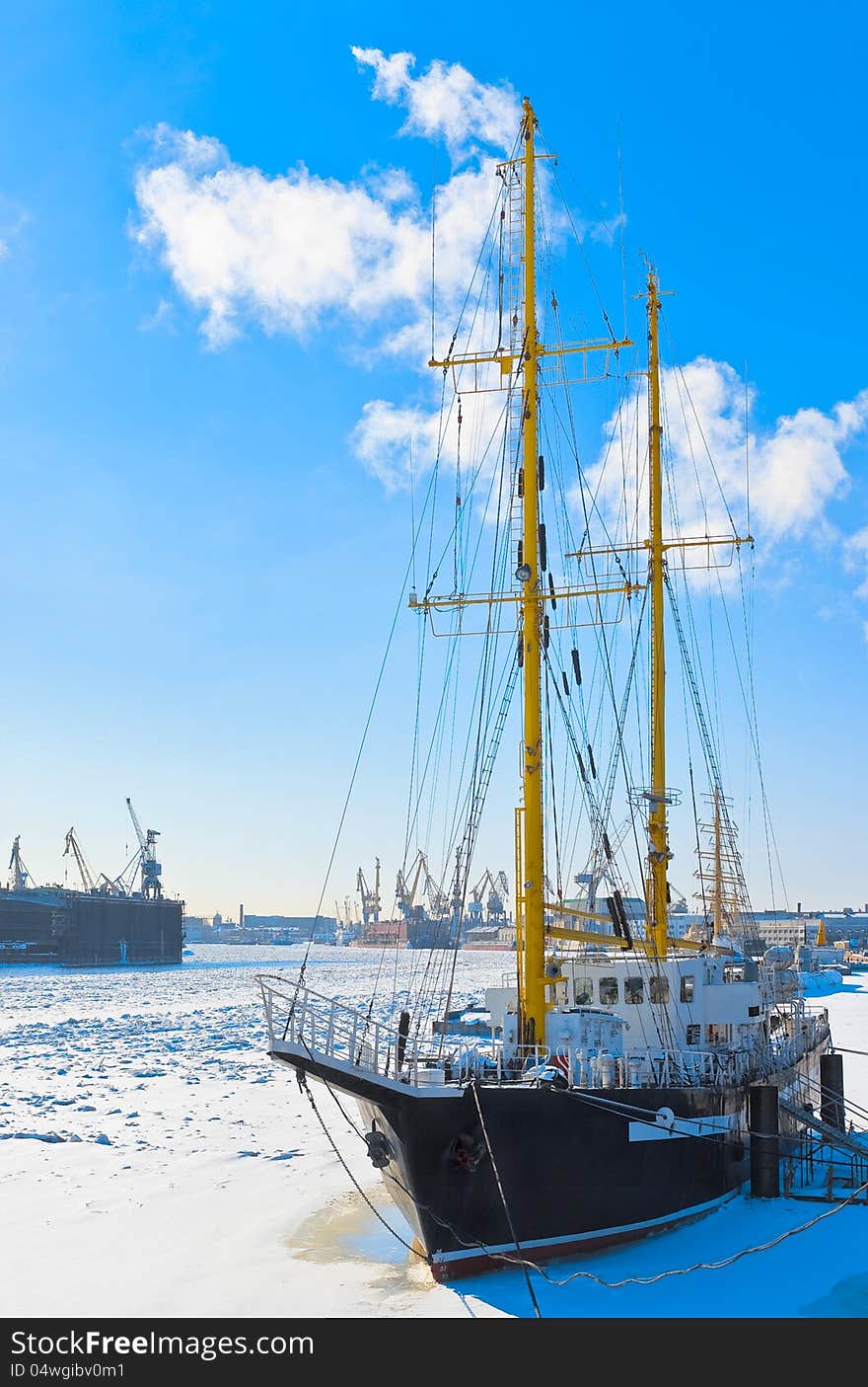 Sailing vessel against port. Neva river. St.-Petersburg. Russia. Sailing vessel against port. Neva river. St.-Petersburg. Russia