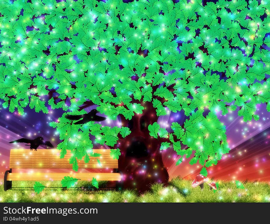 Illustration of a big oak fantasy tree and ravens background. Illustration of a big oak fantasy tree and ravens background.