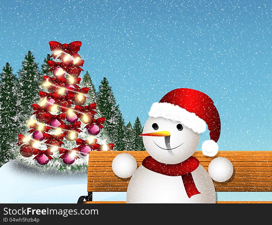 Illustration of snowman sitting on a bench background. Illustration of snowman sitting on a bench background.