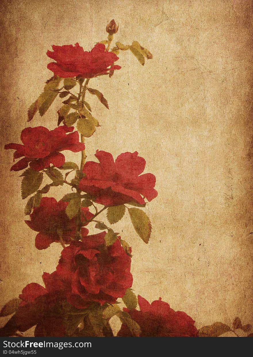 Grunge illustration of old paper with red roses background. Grunge illustration of old paper with red roses background.