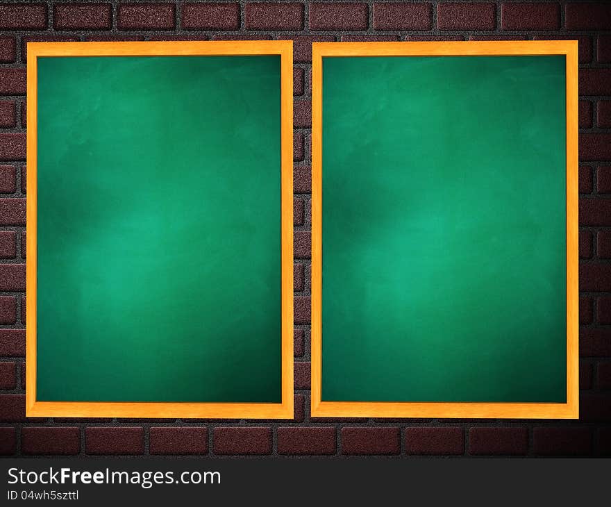 Two chalkboards of green color on brick wall