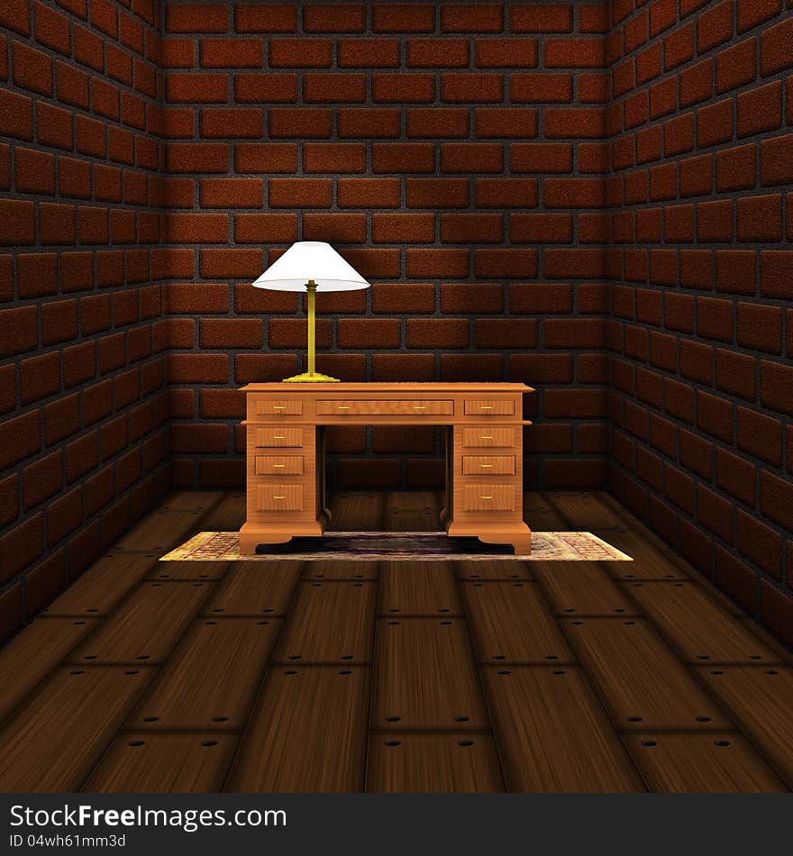 Illustration of old room with brick walls and table background. Illustration of old room with brick walls and table background..