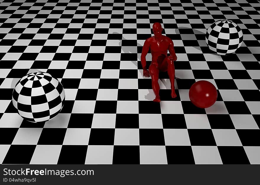 Checkered composition with man end  one red  ball  made in 3d. Checkered composition with man end  one red  ball  made in 3d