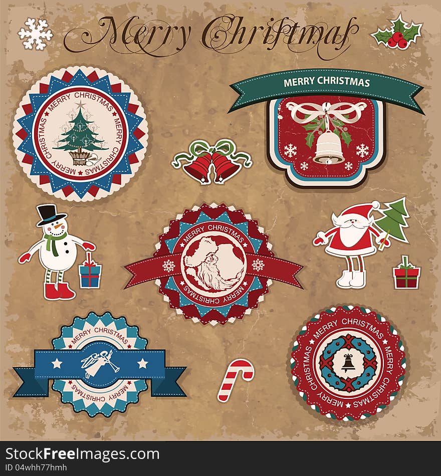 Set of vector decorative items, antique and vintage jewelry, banners, stamps, stickers, with snowflakes and stars design. Santa Claus, Christmas tree, snowman, reindeer. vector. Set of vector decorative items, antique and vintage jewelry, banners, stamps, stickers, with snowflakes and stars design. Santa Claus, Christmas tree, snowman, reindeer. vector