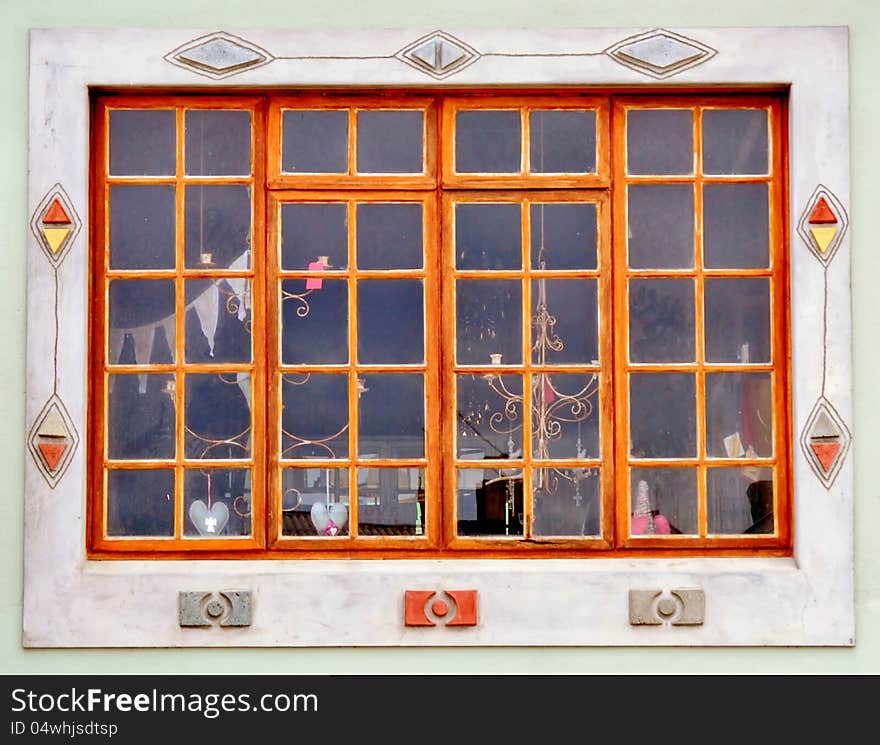 Close up of wooden frame bay window