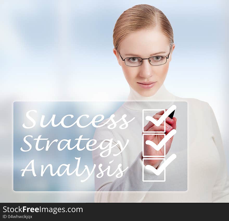 Concept of success and business woman in modern blue background