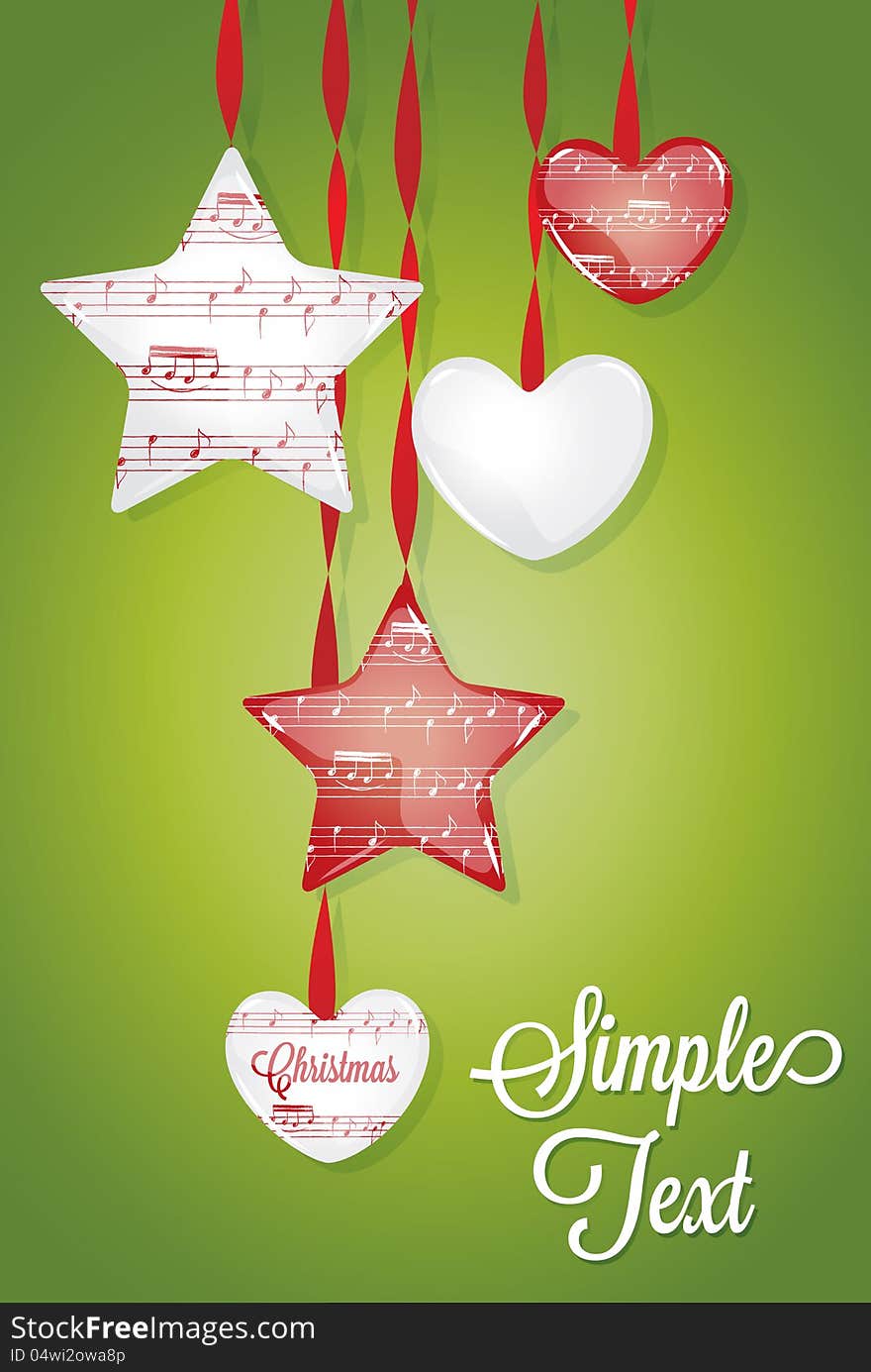 Volume of the heart with musical notes and the stars hanging on ribbons decorating holiday Elements. Christmas decorations holidays. Volume of the heart with musical notes and the stars hanging on ribbons decorating holiday Elements. Christmas decorations holidays