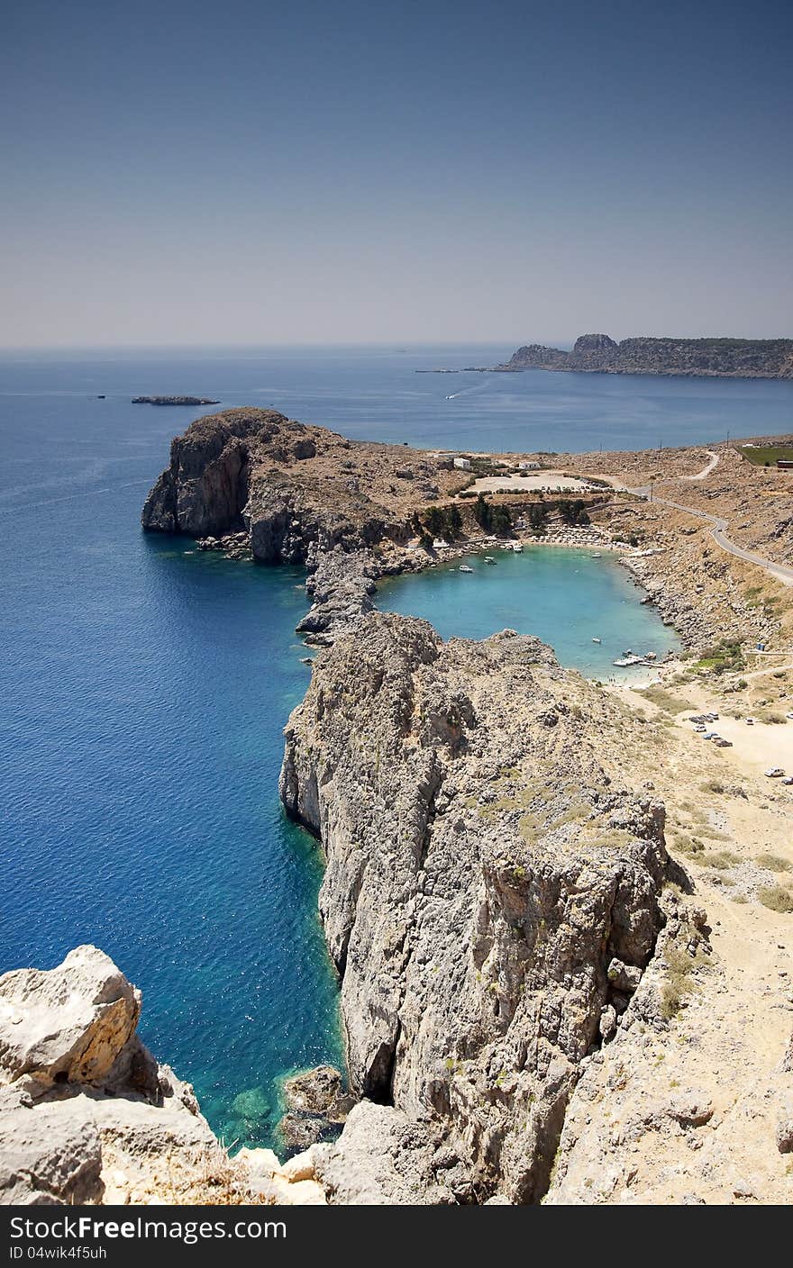 Looking down onto St Paul's Bay at Lindos on the Island of Rhodes Greece. Looking down onto St Paul's Bay at Lindos on the Island of Rhodes Greece