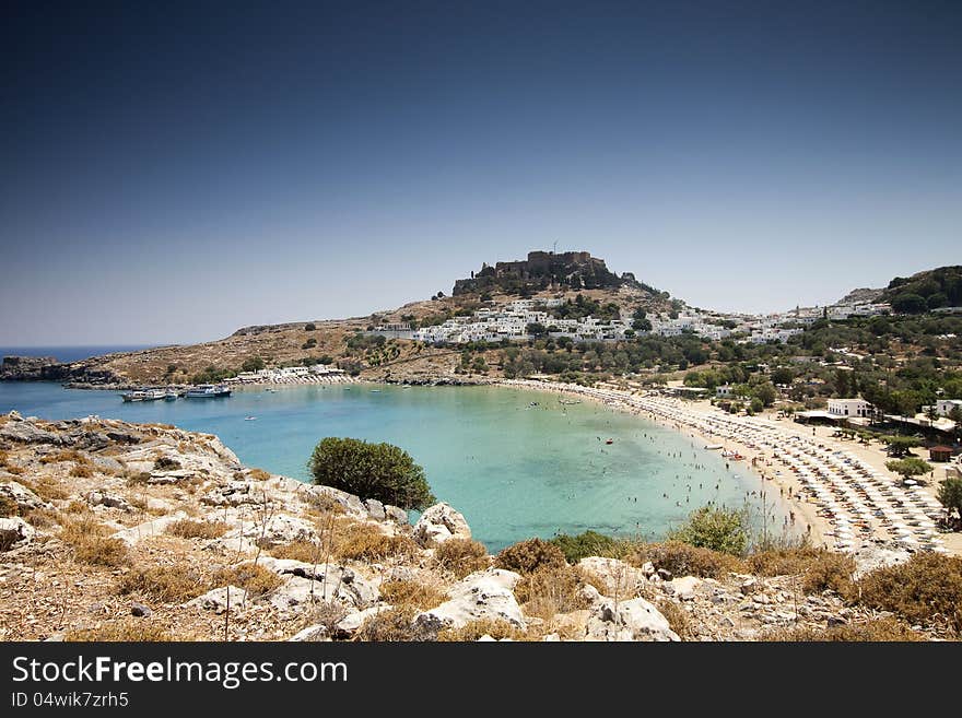 View at Lindou Bay from Lindos Rhodes island, Greece