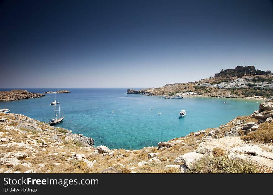 View at Lindou Bay from Lindos Rhodes island, Greece