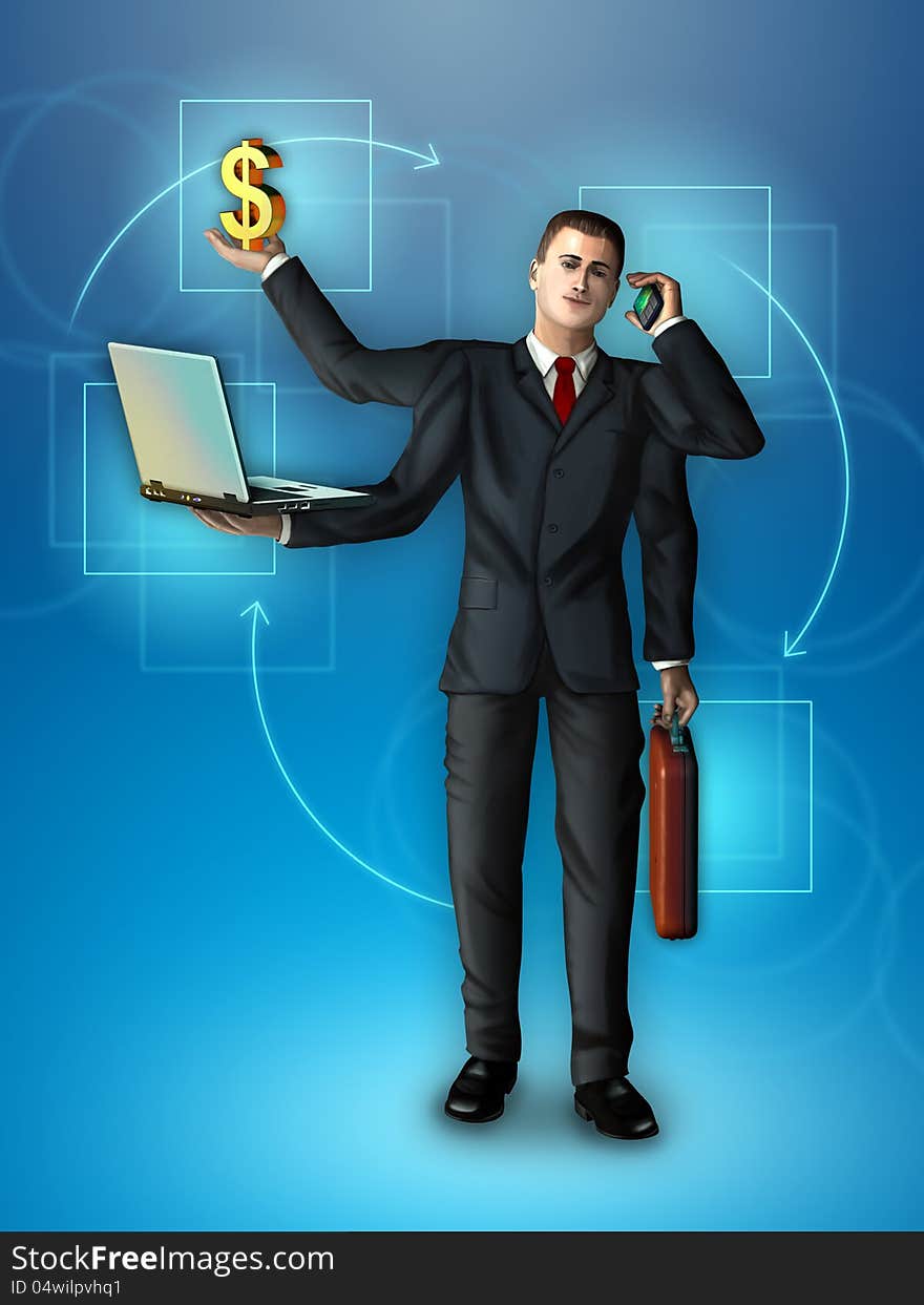 Businessman with multiple arms holding a briefcase, smart-phone, notebook and dollar symbol. Digital illustration. Businessman with multiple arms holding a briefcase, smart-phone, notebook and dollar symbol. Digital illustration.