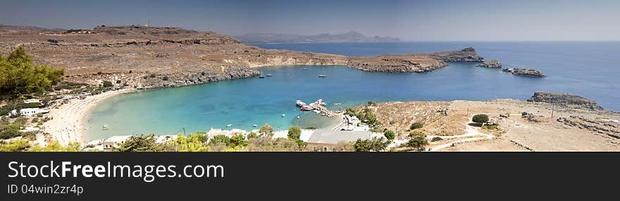 Greece, Rhodes Island, Lindos, view at the acropolis and the popular St.Pauls bay