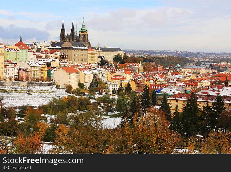 Snowy Colorful Autumn Prague Gothic Castle, Czech