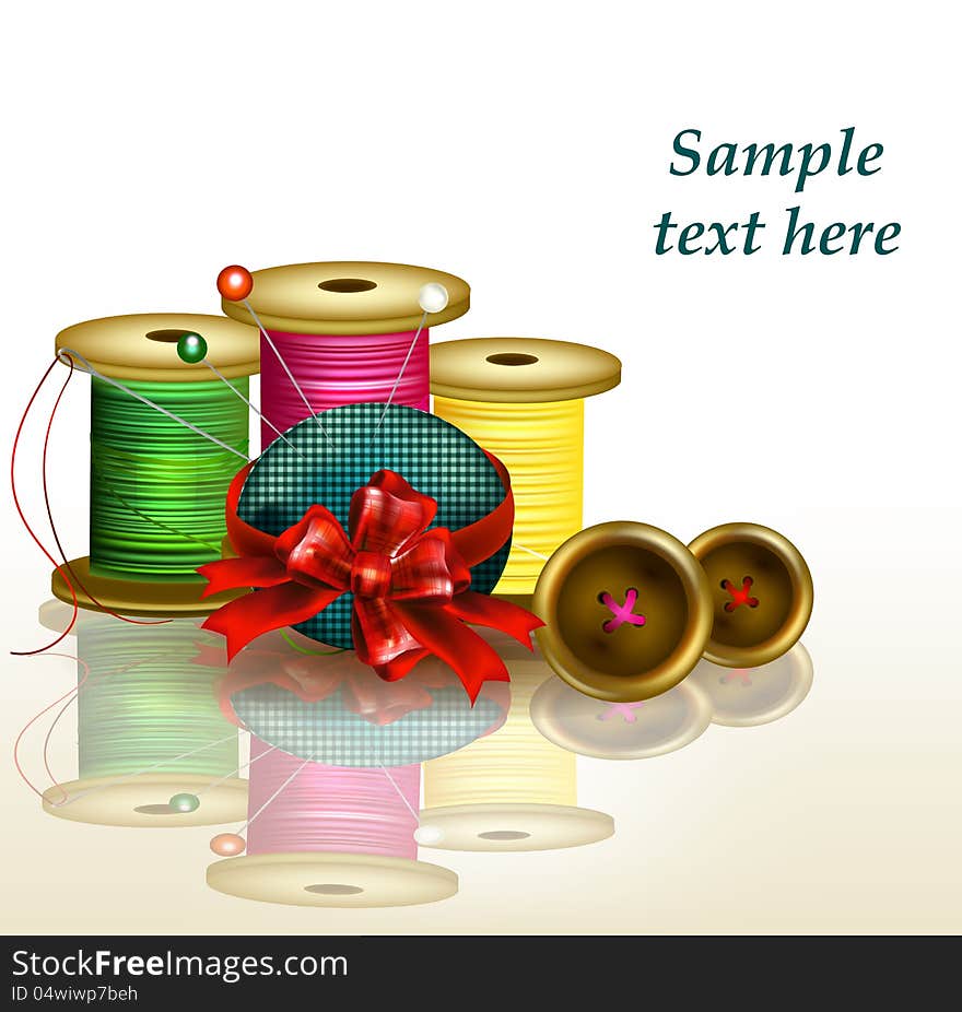 Background with thread, needles and bow. Fashion vector. Background with thread, needles and bow. Fashion vector