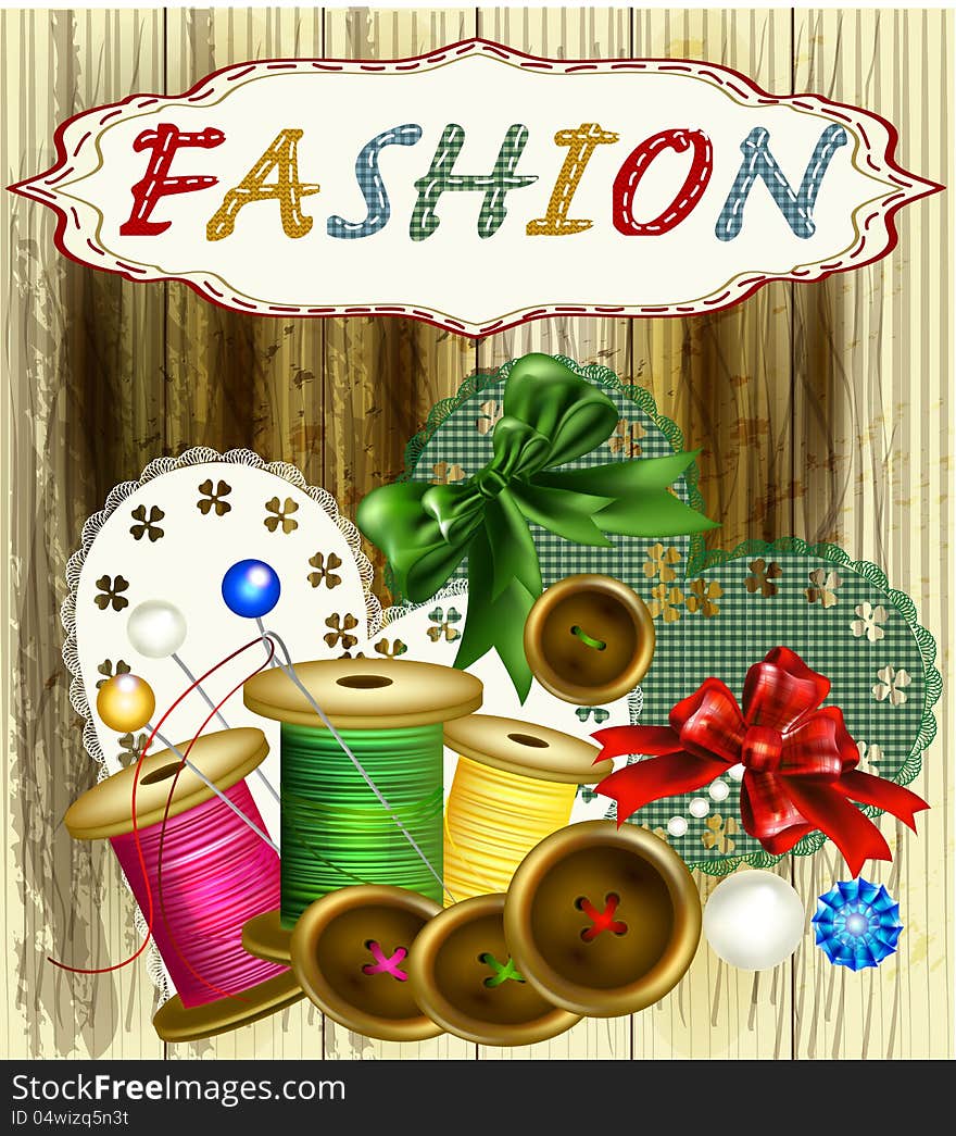 Background with thread, needles and bow. Fashion vector. Background with thread, needles and bow. Fashion vector