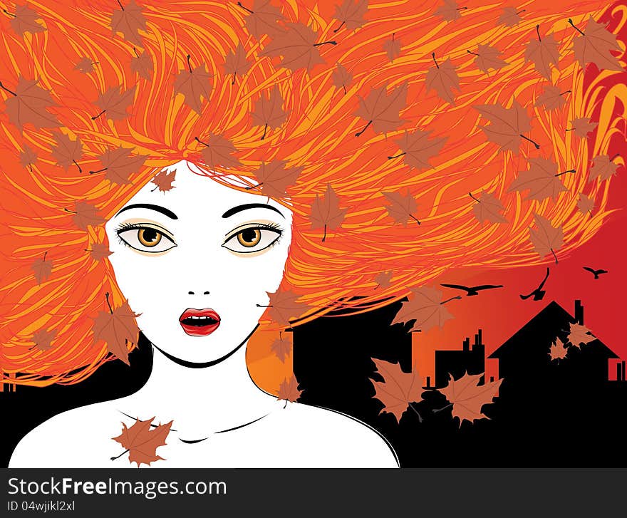 Illustration of girl with red hair, city and maple leaves background. Illustration of girl with red hair, city and maple leaves background.