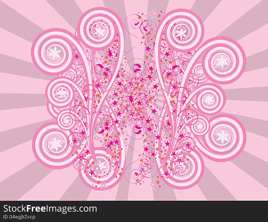 Abstract digital illustration of pink ornament on pink rays background.