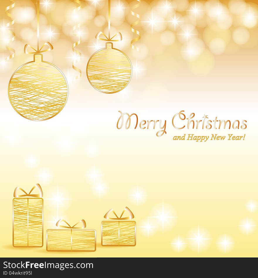 Shiny golden Christmas background with baubles, gifts and text. Shiny golden Christmas background with baubles, gifts and text